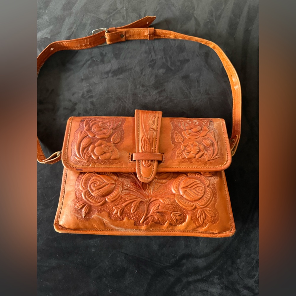 Elegant Tan Leather Floral Embossed Women's Bag